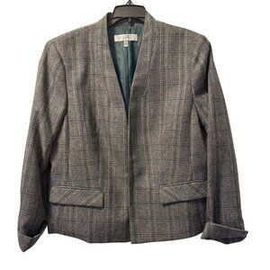 Kasper Womens Plaid Blazer Jacket 14P Polyester Gray Long Sleeve Open Front jack